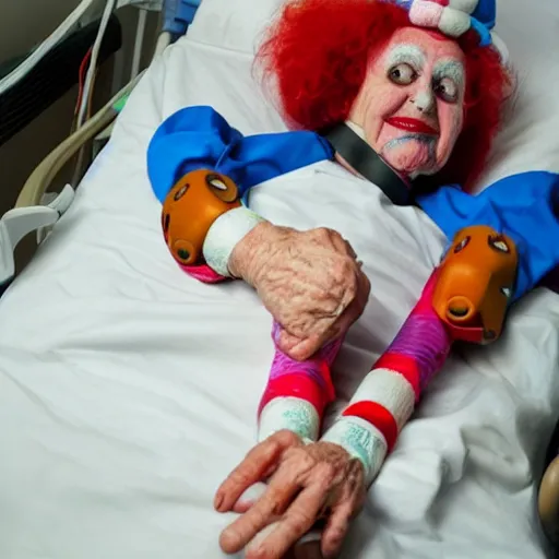 Image similar to crazy old lady clown with wrist restraints in hospital bed