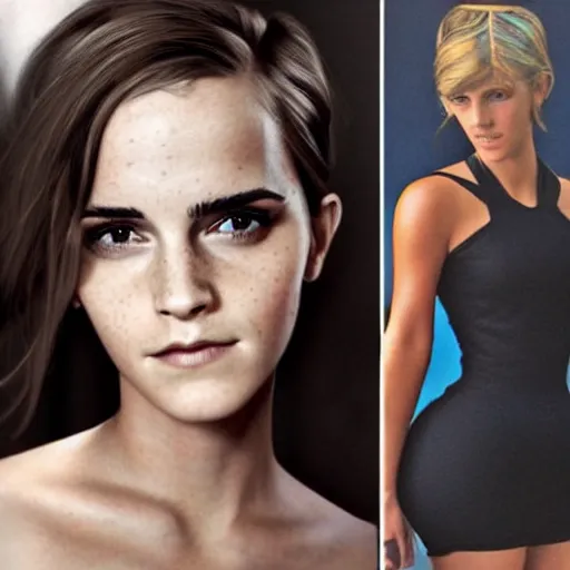 Prompt: a full - figure image of a woman who is a genetic combination of emma watson and kim kardashian