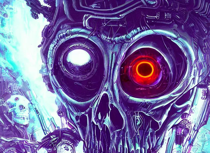 Prompt: a futuristic skull with glowing eyes and a wormhole tunnel cyberpunk art by android jones darksynth, synthwave