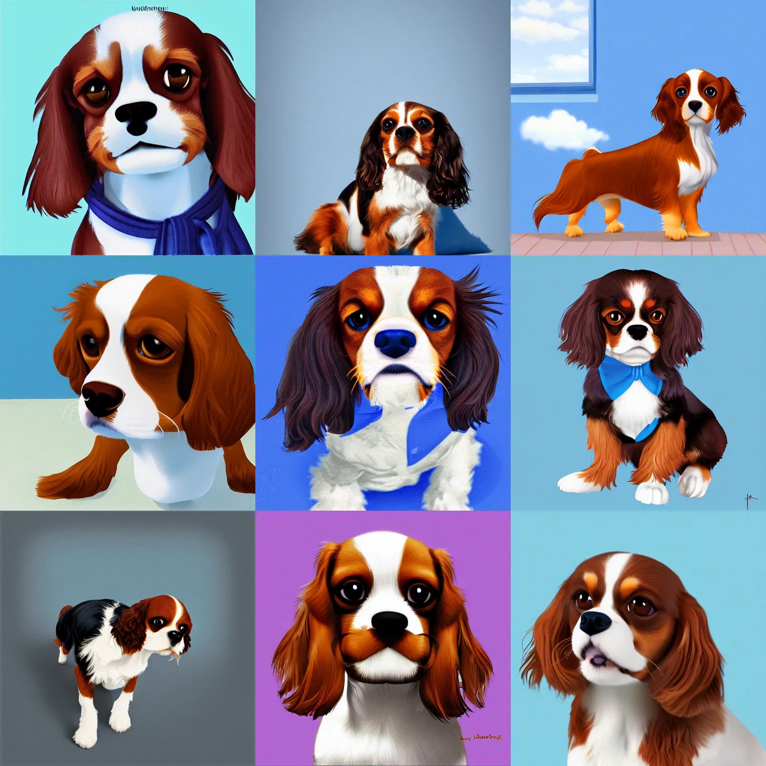 Prompt: portrait of a cavalier king charles spaniel dog, relaxed, blue-walls, sunshine, by Pixar, digital art