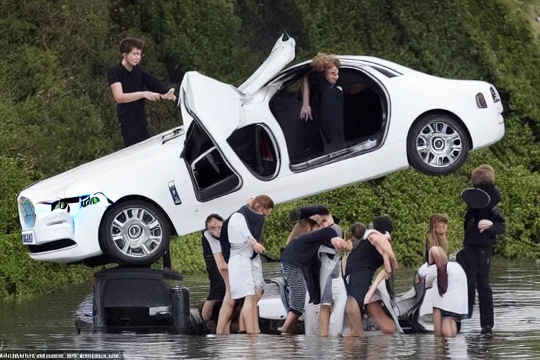 Image similar to A group of teenagers are behind a Rolls-Royce holding him by the boot and pushing him into a white lake from a small slide