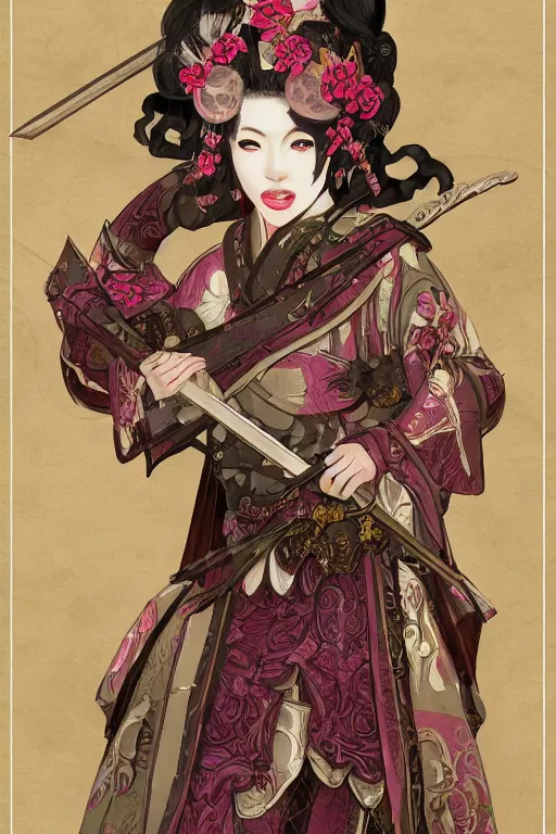 Prompt: full - bodied portrait, female changeling in rose - patterned eastern light armor, wielding a decorated halberd, wearing sandals, geisha mask, realistic proportions, reasonable fantasy, ghostblade, wlop.
