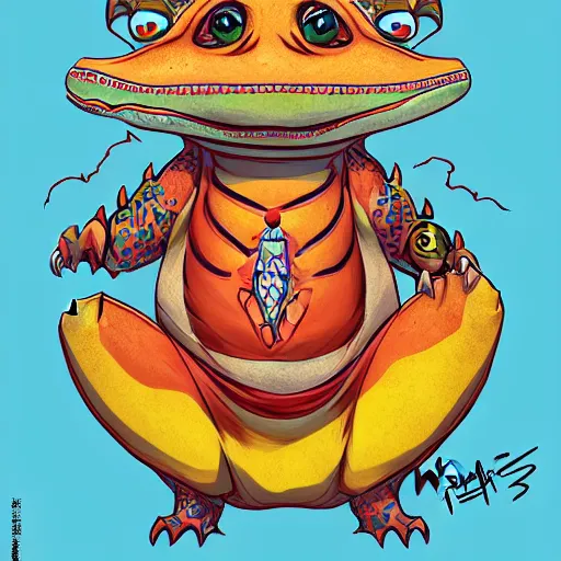 Prompt: in the style of artgerm, loish and ross tran, cartoon anthropomorphic alligator, symmetrical face, symmetrical eyes, red scales on his back, yellow scale on his belly and chest, male, waring a hawaiian shirt, cgsociety