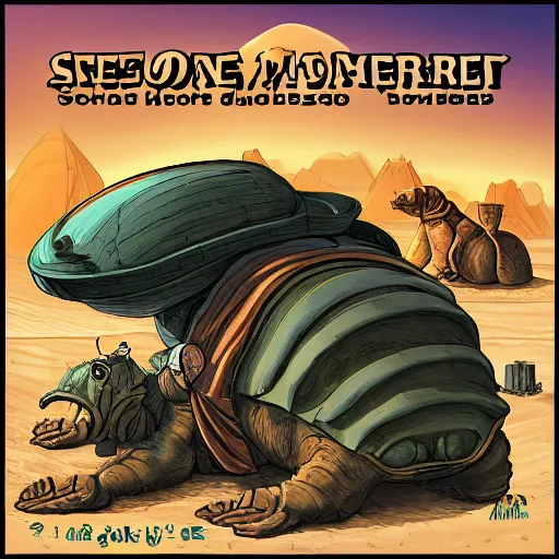 Image similar to several stoner merchants in robes with integrated bong gas mask appliances, trucking bales of herbs across an alien desert with camel-like creatures in tow. Album art by Arik Roper