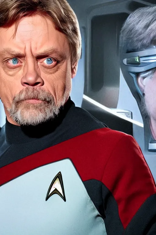 Image similar to photorealistic!! mark hamill as a star trek captain, red starfleet uniform, film quality