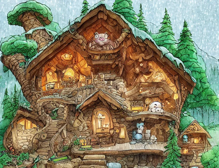 Image similar to cute and funny, a cozy cabin carved into a mountain, heavy rain, ratfink style by ed roth, centered award winning watercolor pen illustration, isometric illustration by chihiro iwasaki, edited by range murata, tiny details by artgerm and watercolor girl, sharply focused