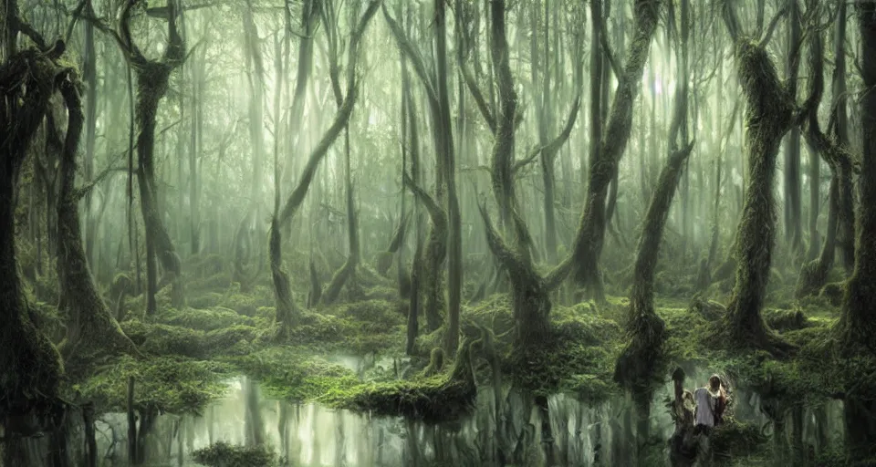 Image similar to A dense and dark enchanted forest with a swamp, by Rob Hefferan