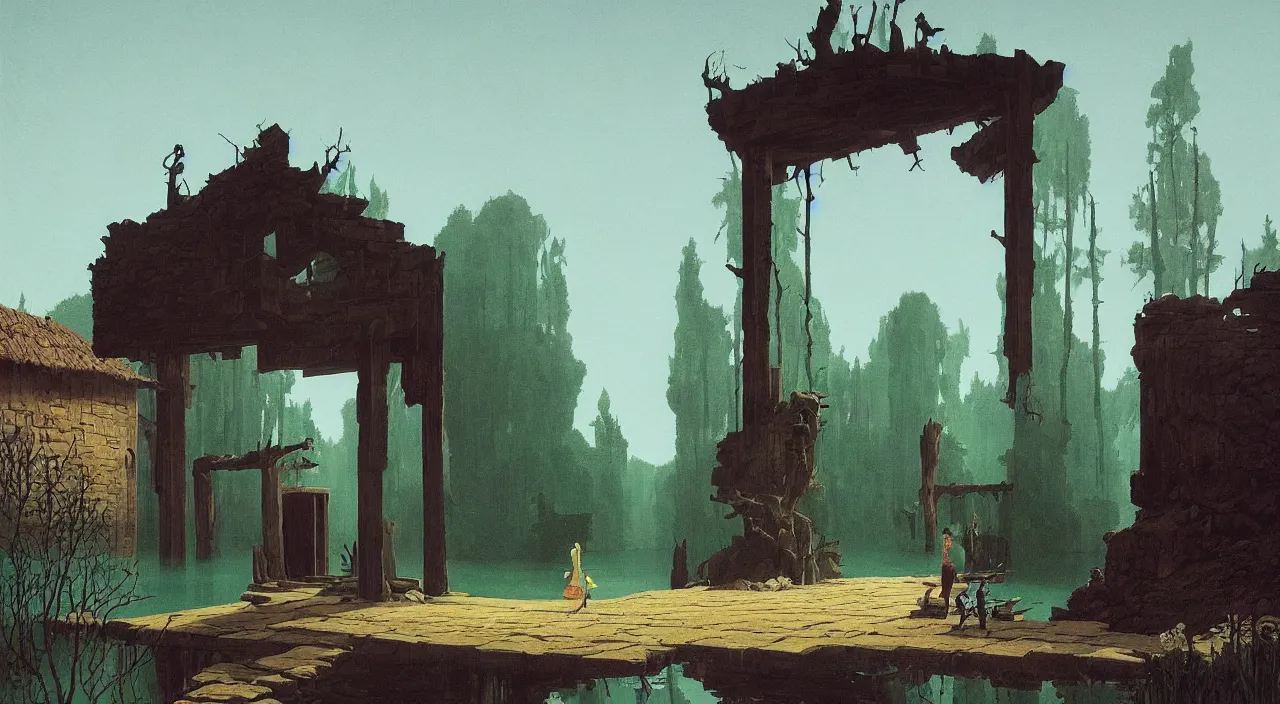 Image similar to single flooded simple wooden dungeon entrance, very coherent and colorful high contrast!! masterpiece by rene magritte simon stalenhag carl spitzweg syd mead norman rockwell edward hopper james gilleard, minimalist, dark shadows, sunny day, hard lighting