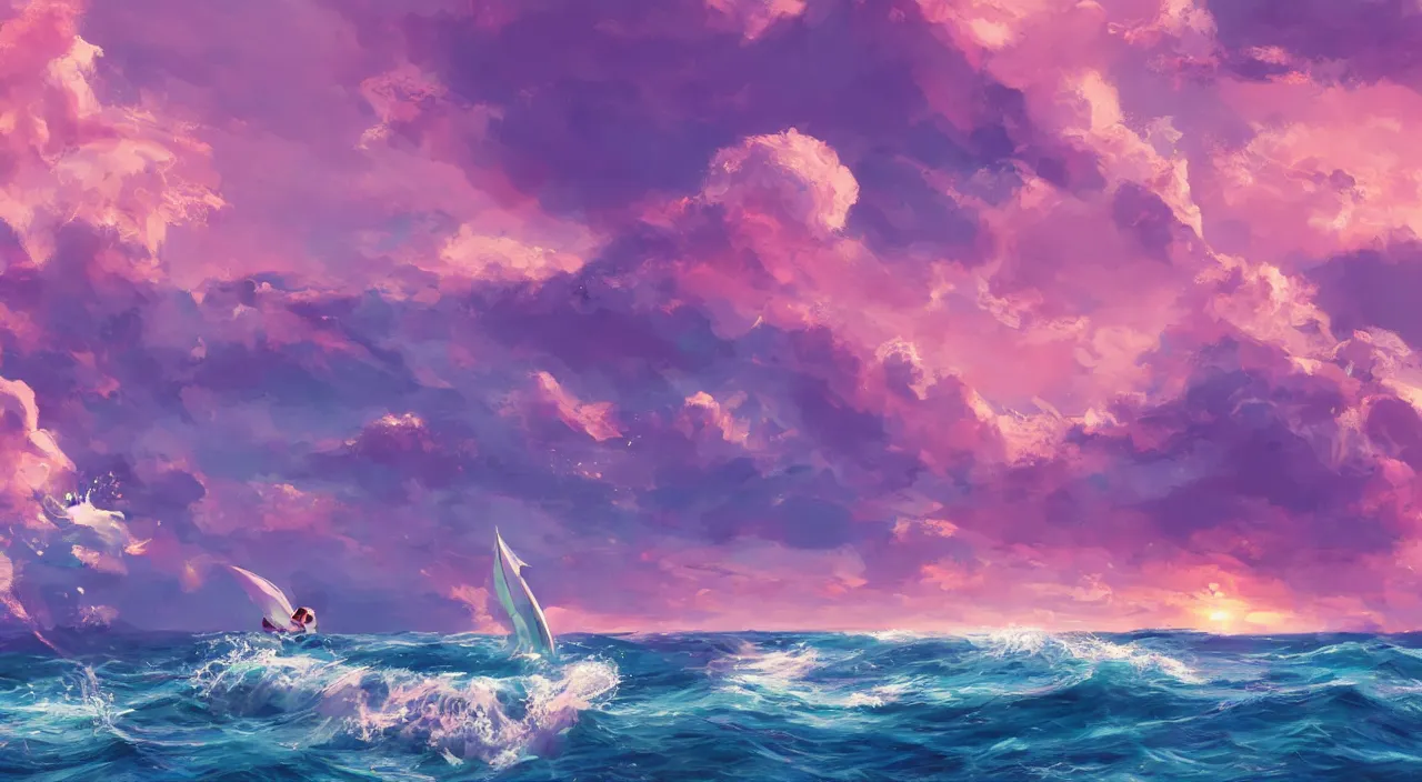 Prompt: little anthropomorphic mouse sailing, anime landscape wallpaper, rough waves, ocean cliff side, pink multicolor clouds
