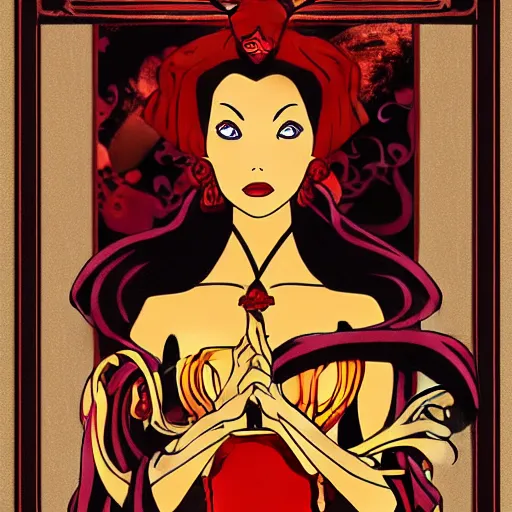 Image similar to red, gold, and black art nouveau movie poster of Princess Azula