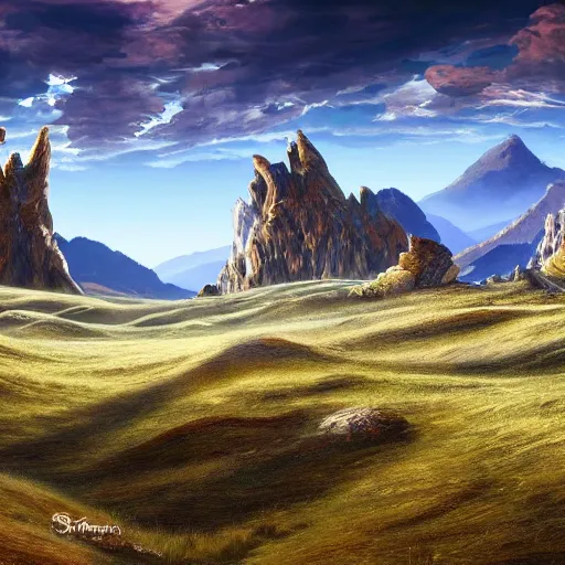 Image similar to The stone landscape with mountains in the background, Sci-Fi fantasy wallpaper, painted, 4k, high detail, sharp focus