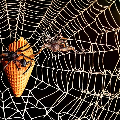 Image similar to detailed photograph of a levitating ice cream cone covered in hairy - legged brown recluse spiders