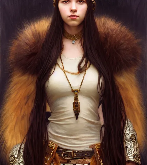 Prompt: portrait of teenage athena holding a dagger, stern expression, long ivory hair, wearing clothing of leather and fur, fringe, bone jewelry, intricate, elegant, leather jewelry, glowing lights, highly detailed, digital painting, artstation, concept art, smooth, sharp focus, illustration, art by wlop, mucha, artgerm, and greg rutkowski