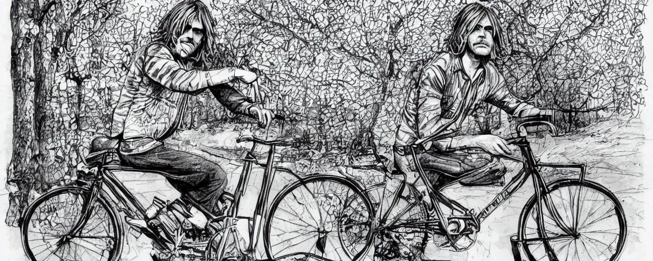 Prompt: beautiful detailed comic illustration of Kurt Cobain on a bicycle on a bicycle, colored