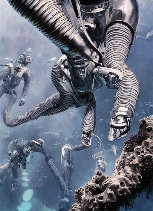 Image similar to divers astronauts in dark and empty void underwater - complex and hyperdetailed technical suit. reflection and dispersion materials. rays and dispersion of light. volumetric light. 5 0 mm, f / 3 2. noise film photo. flash photography. ultra realistic, wide angle. poster by wayne barlowe, hajime sorayama aaron horkey, craig mullins