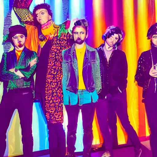 Prompt: a stylish five - piece rock band, surreal, artists, brightly colored, with instruments, on stage, with faces that are beautifully lined, meta - universe, hd