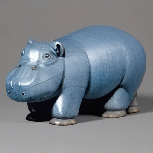 Image similar to wood block small hippo statue, wood blocks bottom hippo body, blue chrome top hippo body, by a genius craftsman, highly detailed, wood block legs