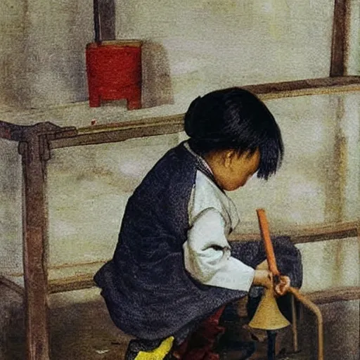 Prompt: chinese child working in a factory, painting, gothic