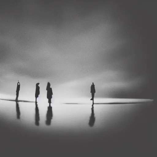 Image similar to pinhole photo of a dream, silhouettes, reflection, double exposure, dramatic light painting