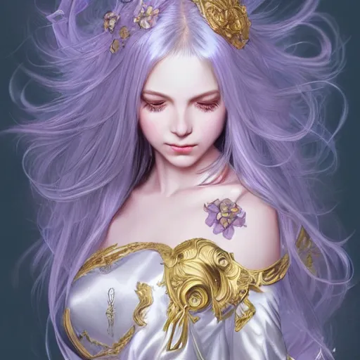 Prompt: masterpiece ultra realistic illustration of a magical girl with silver hair and gold eyes, dreamy and ethereal, lavender tones, ornate dress, dramatic, cinematic, fantasy, highly detailed, smooth. in the style of artgerm and alphonse mucha, artstation trending.