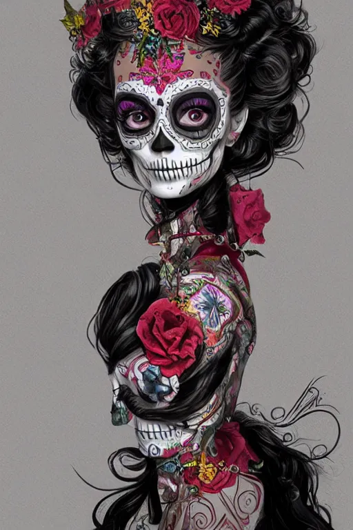 Prompt: Illustration of a sugar skull day of the dead girl, art by Eddie Mendoza