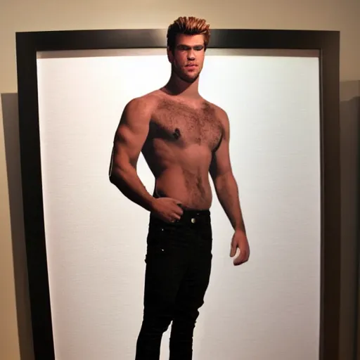 Image similar to a realistic detailed photo of a guy who is an attractive humanoid who is half robot and half humanoid, who is a male android, actor liam hemsworth, shiny skin, posing like a statue, blank stare, in a living room, on display, showing off his muscles