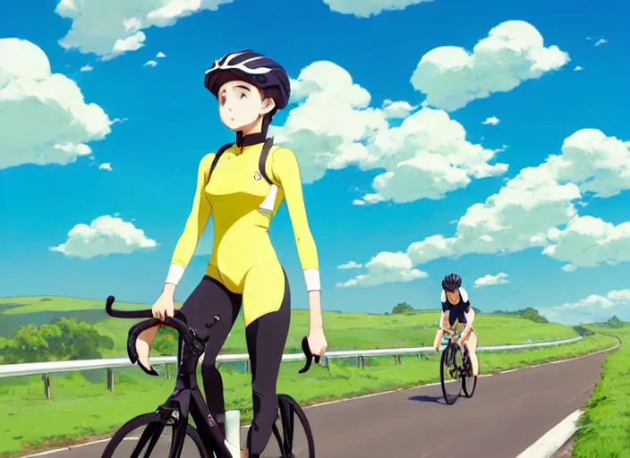 Prompt: portrait of cute girl riding road bike, sunny sky background, lush landscape, illustration concept art anime key visual trending pixiv fanbox by wlop and greg rutkowski and makoto shinkai and studio ghibli and kyoto animation, symmetrical facial features, sports clothing, yellow helmet, nike cycling suit, backlit, aerodynamic frame, realistic handlebar, realistic anatomy