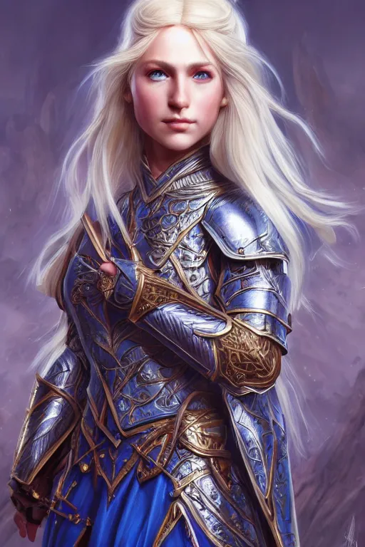 Image similar to highly detailed full body portrait painting of a proud young female elven knight in the style of Warhammer Fantasy by Artgerm and Arian Mark, medium length blonde hair, blue eyes, sapphire earrings, no helmet, low angle shot, highly detailed, trending on artstation, cgsociety, 4k, 8k, HDR, octane render, unreal engine