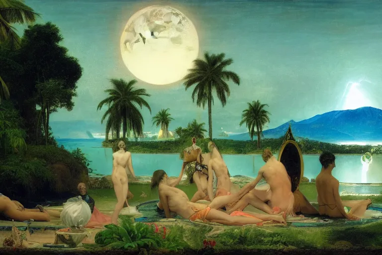 Prompt: The gazebo chalice, refracted moon sparkles, thunderstorm, greek pool, beach and Tropical vegetation on the background major arcana sky and occult symbols, by paul delaroche, hyperrealistic 4k uhd, award-winning, very detailed paradise