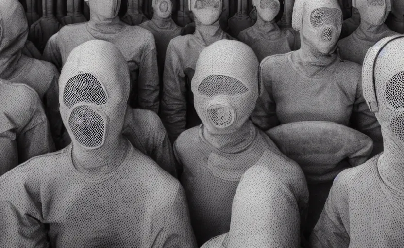 Image similar to cinestill 5 0 d photographic portrait by helen levitt of a group of android women wearing rugged black mesh techwear in a cement maze, extreme closeup, modern cyberpunk, minimalism, dust storm, 8 k, hd, high resolution, 3 5 mm, f / 3 2, ultra realistic faces, intricate detail, ex machina