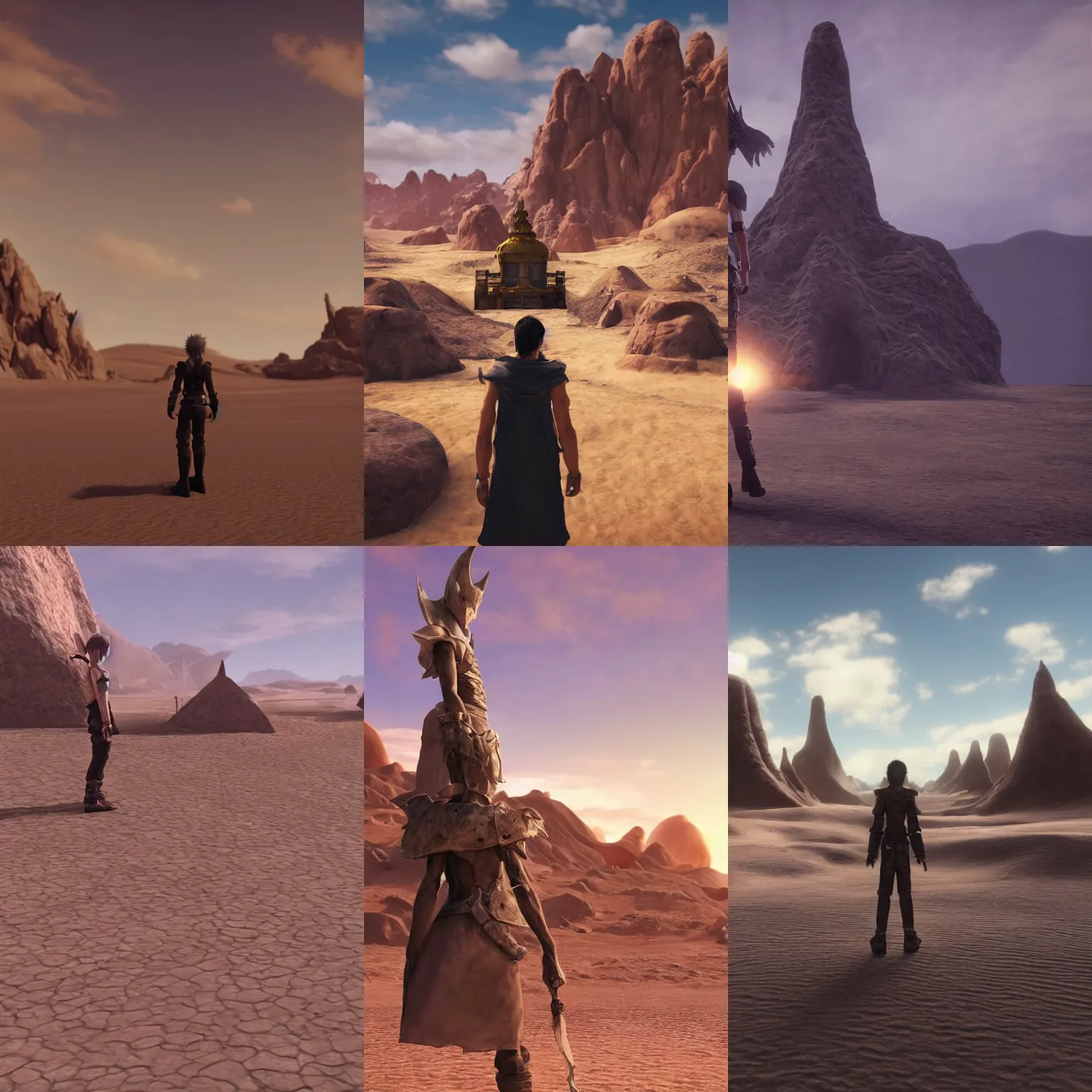 Prompt: a young man standing at the entrance of an isolated sacred spiritual fantasy alien village in a vast sand desert after a long journey, final fantasy, square enix, squaresoft, jrpg, unreal engine