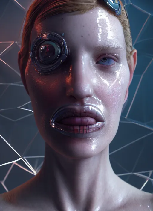 Image similar to 3 / 4 portrait, emma thorpe, crown, transparent skin, futuristic clothing, visible muscle, id magazine, hyperrealism, detailed textures, photorealistic, 3 d cyberpunk apocalyptic city, ultra realistic, cinematic, intricate, cinematic light, unreal engine 8 k, octane render, unreal engine, david kostic, artgerm