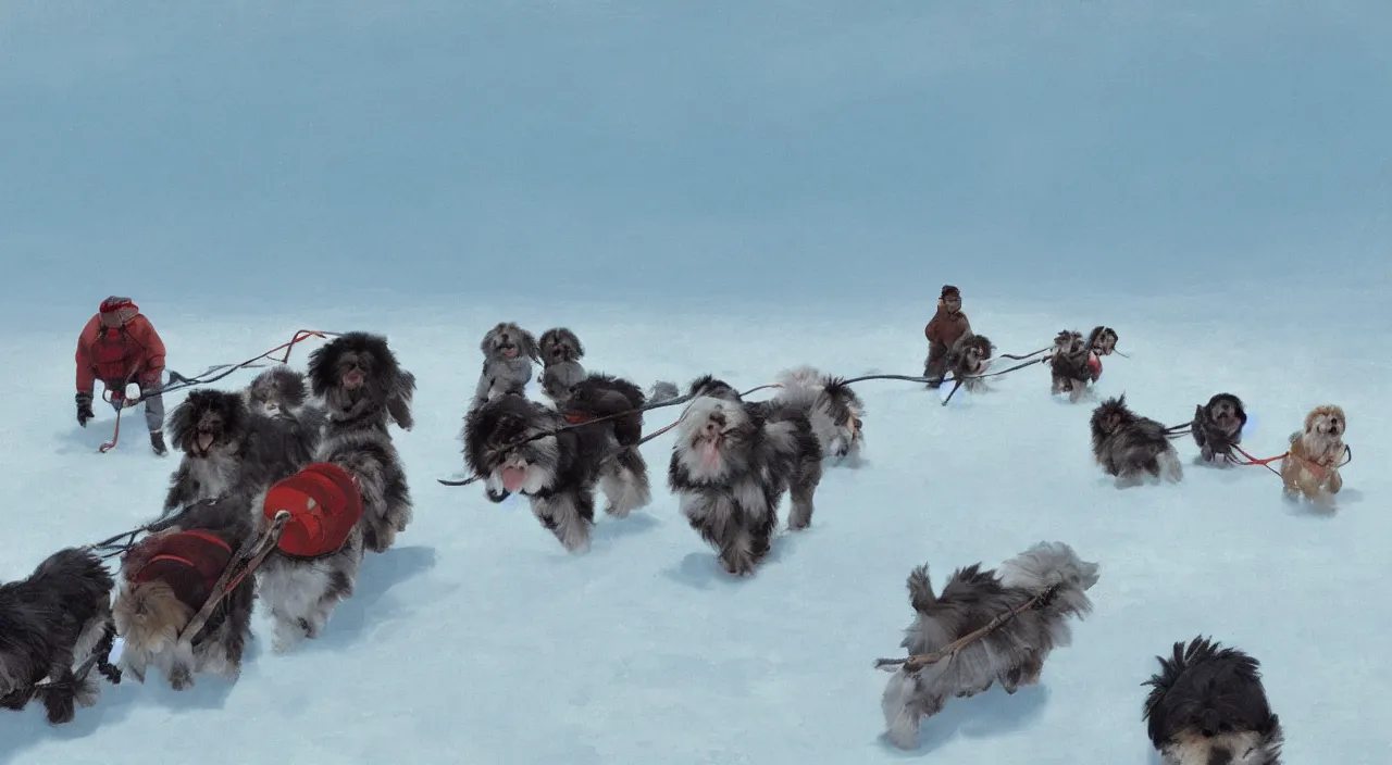 Image similar to havanese dogs and men in the arctic, havanese dogs pulling dog sleds, 1 9 0 0, tartakovsky, atey ghailan, goro fujita, studio ghibli, rim light, bright harsh lighting, clear focus, very coherent