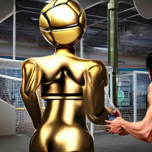 Image similar to a realistic detailed photo of a guy who is an attractive humanoid who is half robot and half humanoid, who is a male android, attractive and handsome soccer players, shiny skin, posing like a statue, blank stare, in a factory, on display, showing off his muscles, gold soccer shorts, side view, looking at each other mindlessly