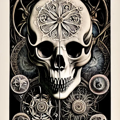 Image similar to art forms of nature by ernst haeckel, memento mori by arthur rackham, ornate antique porcelain beautiful skull mask, ultrasharp, photorealistic, hyperdetailed, octane render, polished, art nouveau, neo - gothic, gothic, intricate ornamental organic filigree, art nouveau botanicals, art forms of nature by ernst haeckel, horizontal symmetry, symbolist, visionary