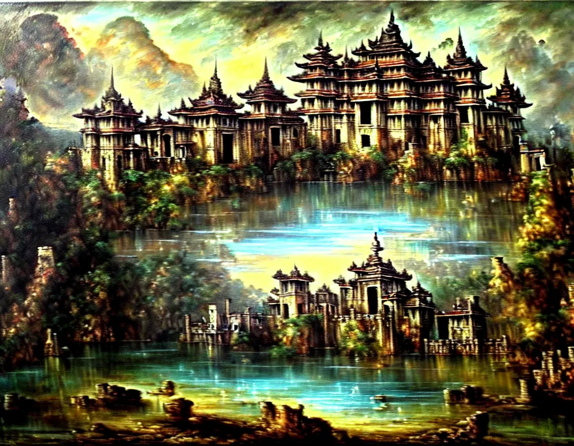 Prompt: hyper realistic detailed oil painting of ancient forgotten palace of shangrila, 8 k ultra hd, by jan matejko