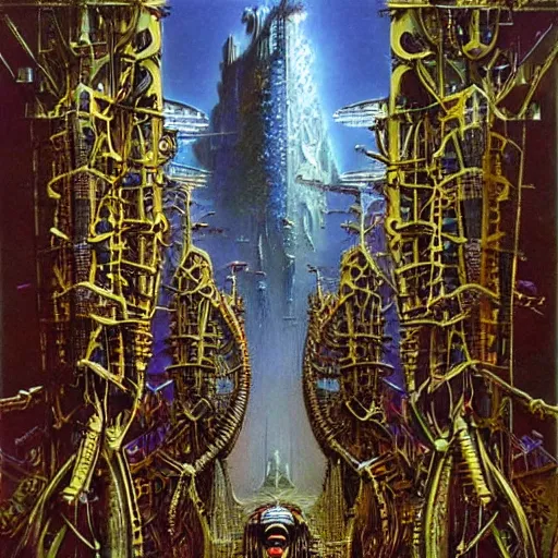 Prompt: biomechanical god, art by bruce pennington