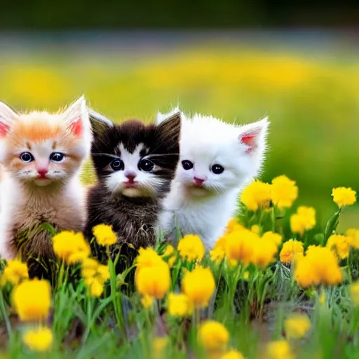 Prompt: photo of cute fluffy baby kittens chasing a cute yellow baby duck in a field of flowers, award - winning photograph, national geographic, perfect lighting