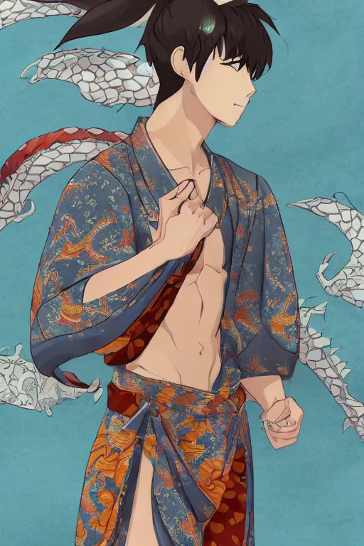 Prompt: muscular dragon wearing a kimono with a goldfish pattern, male, fursona, anthro, delicate, elegant, detailed clothing, detailed fur, makoto shinkai