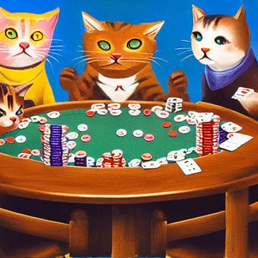 Image similar to a gang of cats playing poker at night