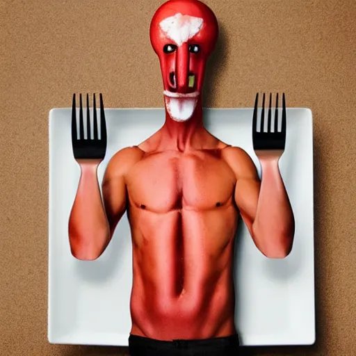 Image similar to anthropromorphic fork man with fork head holding forks, epic fork muscles, hyper realistic high quality professional fork photography