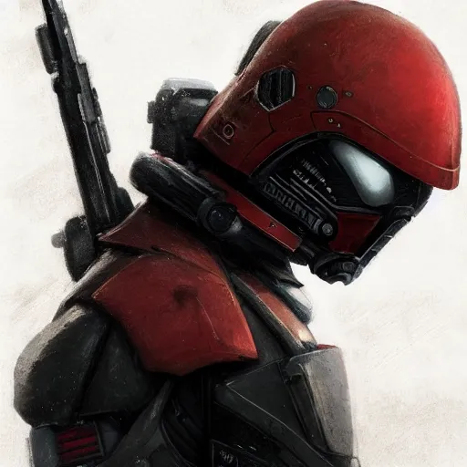 Image similar to portrait of a man by greg rutkowski, mixture between russian and japanese, black messy hair, star wars expanded universe, he is about 2 0 years old, wearing red tactical gear of the galactic triunvirate, highly detailed portrait, digital painting, artstation, concept art, smooth, sharp foccus ilustration, artstation hq