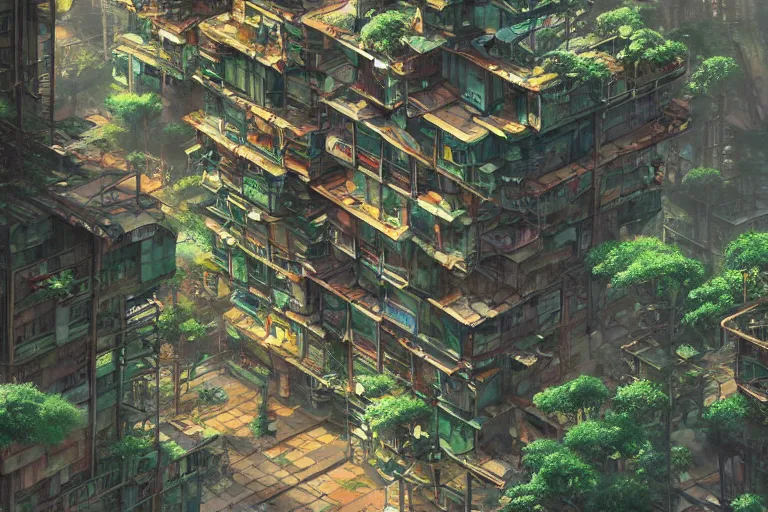 Image similar to solarpunk kowloon walled forest city, still from studio ghibli anime movie, cyberpunk tree house, walkways, bridges, pedestrians, robots, rivers, digital art, artgerm, trending on artstation