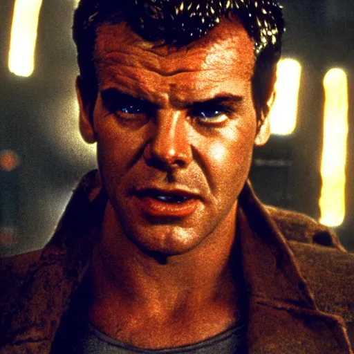 Image similar to young Jack Nicholson as Rick Deckard on blade runner 1982, slightly smiling, wide angle lens, movie still, in color, movie frame, detailed face, symmetrical face, 4k