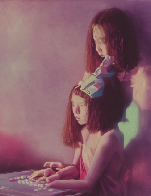 Image similar to girl in pajama playing computer games in dark room, redshift, wide shot, coloured polaroid photograph with flash, pastel, kodak film, hyper real, stunning moody cinematography, anamorphic lenses, by maripol, fallen angels by wong kar - wai, style of suspiria and neon demon and bahnhof zoo, david hockney, detailed, oil on canvas