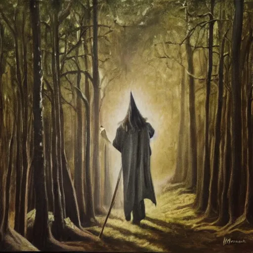 Prompt: Gandalf with his long brimmed hat travelling trough the forest, oil painting, very detailed