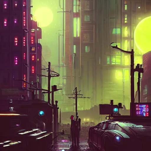 Image similar to A cityscape at night, with a full moon, neon lights, cyber punk setting, steam punk machinery, top-rated, award winning, cityscape, science fiction, futuristic, shadows, technical, highly detailed, digitally painted, illustration, by Simon Stålenhag and Greg Rutkowski