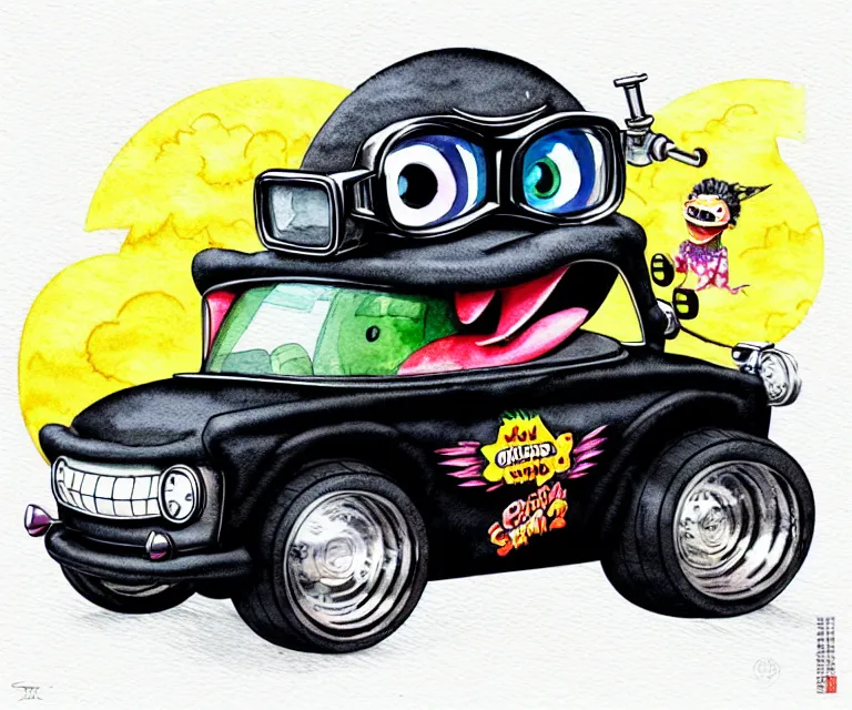 Image similar to cute and funny, black chicken wearing goggles driving a tiny hot rod with an oversized engine, ratfink style by ed roth, centered award winning watercolor pen illustration, isometric illustration by chihiro iwasaki, edited by craola, tiny details by artgerm and watercolor girl, symmetrically isometrically centered