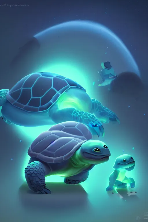 Prompt: super cute Bioluminescent Space Turtle character concept, soft light, soft mood, realistic body features and face, illustration, painting oil on canvas by Elena Zhurikhina and Goro Fujita and Charlie Bowater, octane render trending on artstation, 4k, 8k, HD