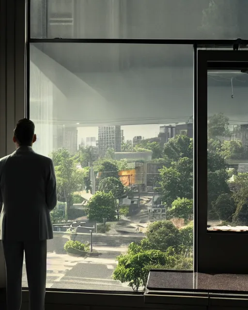 Image similar to a man stands by his kitchen window in a suit looking across the street at a fast food restaurant there is burnt food on the stove, hyper realism, cinematic, volumetric lighting, octane render, unreal engine, 8 k, digital art, deviantart artstation, ray tracing, intricate complexity, extremely detailed,